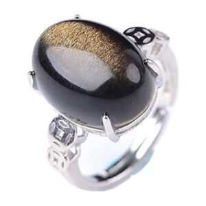 DUOVEKT Natural Gold Obsidian Ring Jewelry For Woman Men Healing Crystal Quartz Stone 16x12mm Beads Gemstone Adjustable Ring AAAAA