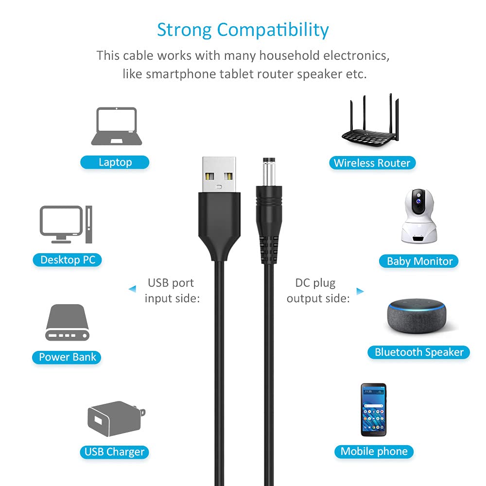 Belker Universal 5V DC Power Cable USB to DC 5.5 2.1 mm Plug Connector Tip Charging Cord with Most Frequently Used Interface Type