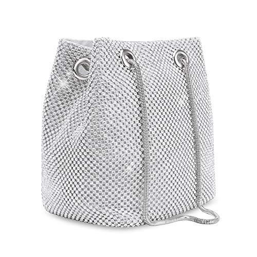 Women's Evening Bag- Upgraded Larger Size Full Rhinestones Bucket Bag Shining Crossbody Bag Shoulder Bag for Party Wedding Date Night (Large (7.9''x7.9‘’x5.1''), Silver)