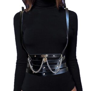 Asooll Punk Leather Waist Belt Black Belly Body Chain Harness Circle Waist Chain Fashion Belly Belts Prom Party Body Chains Body Accessories Jewelry for Women and Girls