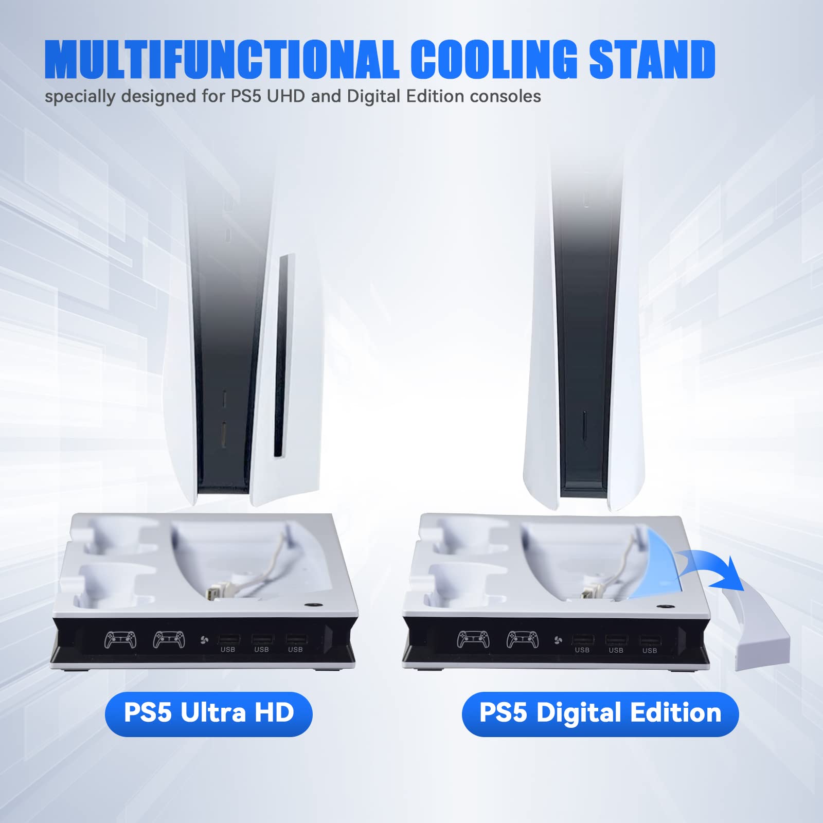 PS5 Cooling Stand with Fan, Dual PS5 Controller Charging Station for PS5 Console, Multifunctional PS5 Stand Cooling Station with Controller Charger and 3 USB Hub for PS5 Accessories