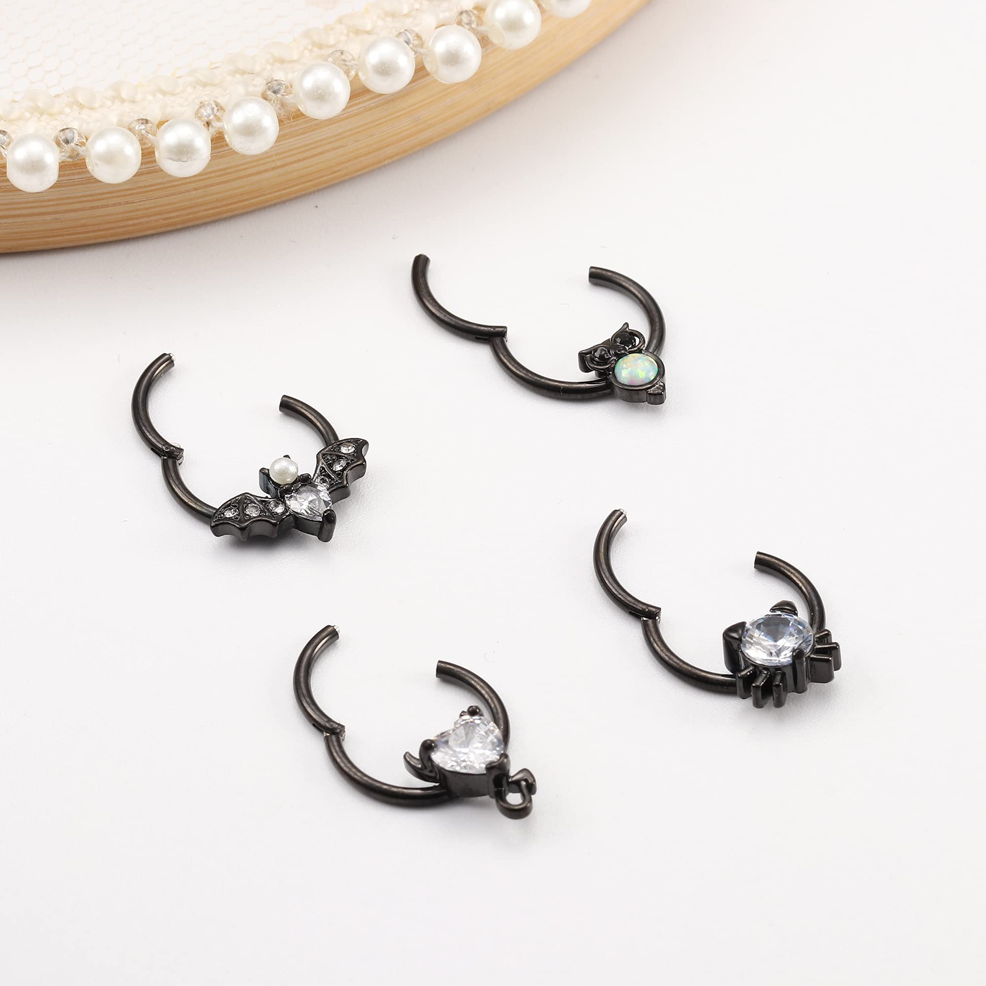 Sanfenly 16G Septum Rings for Women Men 316L Surgical Stainless Steel Cute Cat Bat Septum Nose Ring Seamless Hinged Segment Clicker CZ Daith Earrings Piercing Jewelry