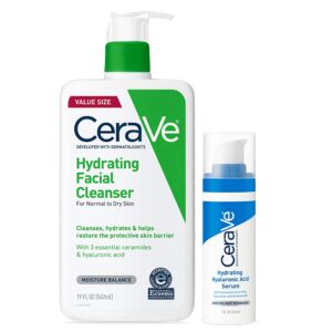 cerave hydrating face wash and hyaluronic acid serum with vitamin b5 set | 19oz face wash + 1oz serum | hydrating for dry skin | fragrance free