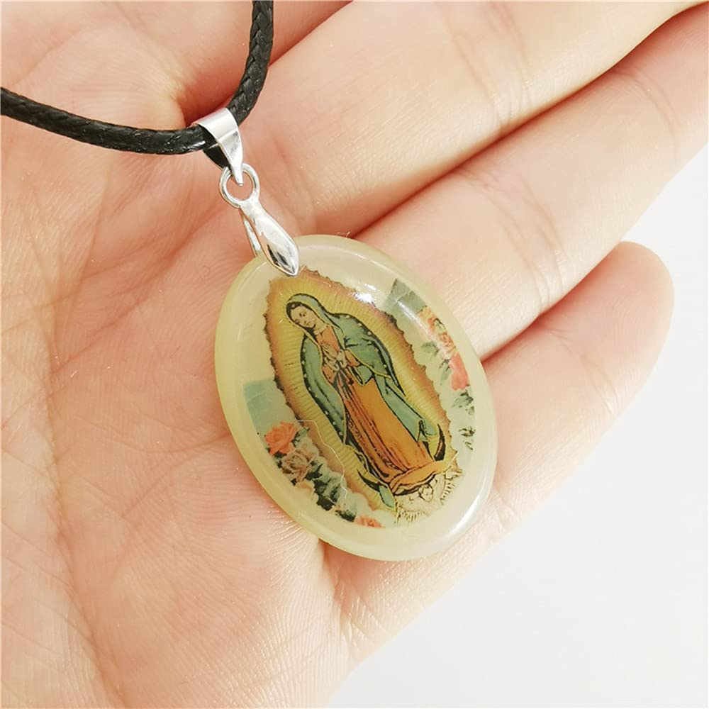 PTGMH Religious Jewelry Adjustable Virgin Mary Necklace for Women Godmother Necklace Lady of Guadalupe Oval Pendant Resin Glow in the Dark Fashionable Religious Gifts (green)