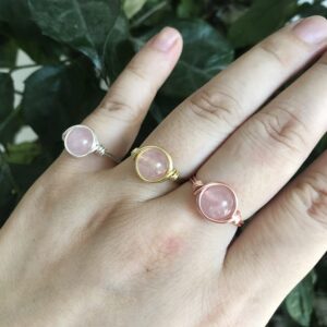 YWDREAM Crystal Rings for Women Spiritual, Healing Crystal Rings Wire Wrapped Ring, Carnelian Rose Quartz Amethyst Tiger Eyes Opalite Amazonite Gemstone Ring (Rose Quartz-Silver, 9)