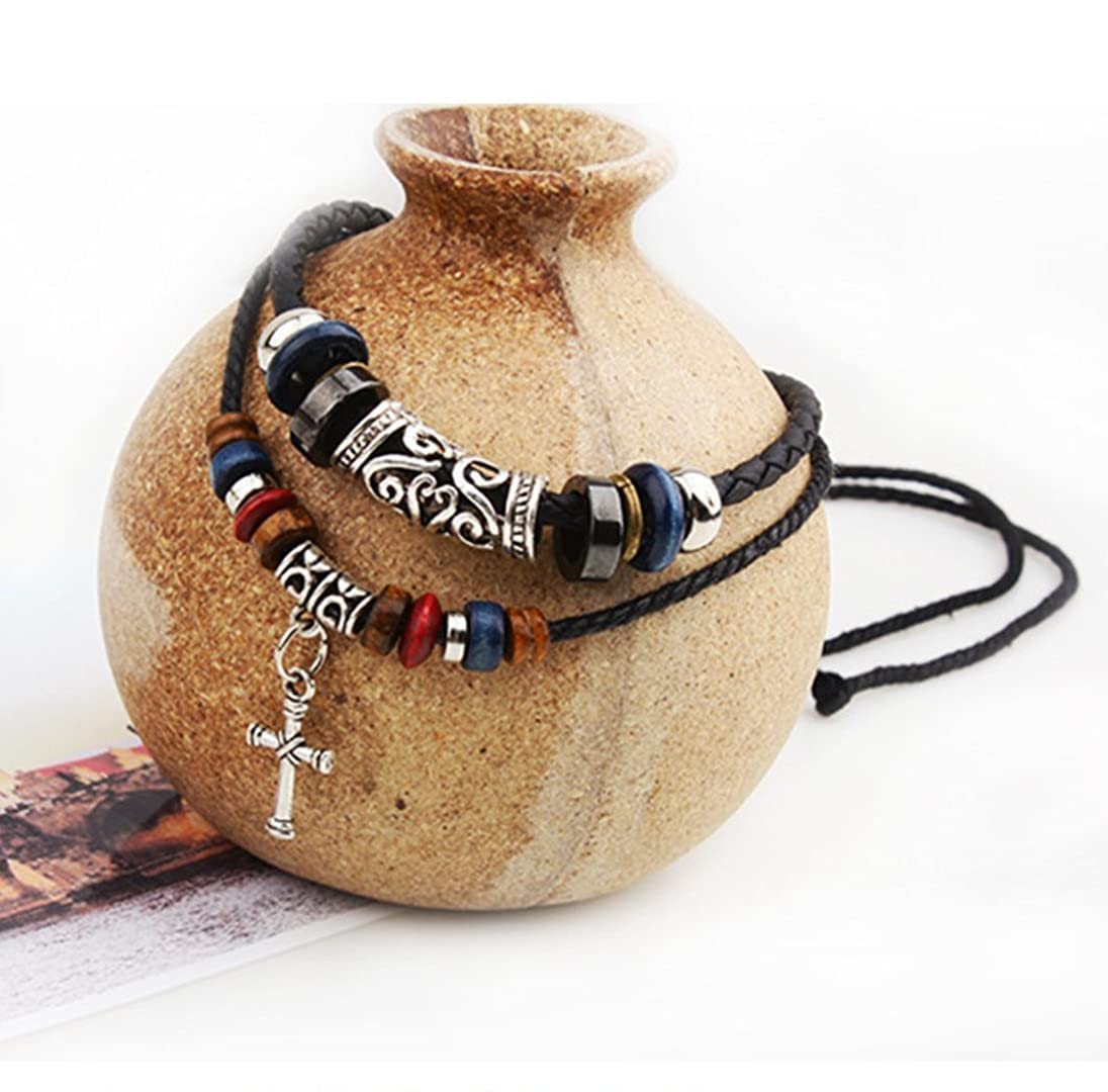 Braided Leather Necklace Vintage Style Double Layers Black Tribal Necklace with Charm Cross Pendant Black Cross