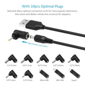 Belker Universal 5V DC Power Cable USB to DC 5.5 2.1 mm Plug Connector Tip Charging Cord with Most Frequently Used Interface Type