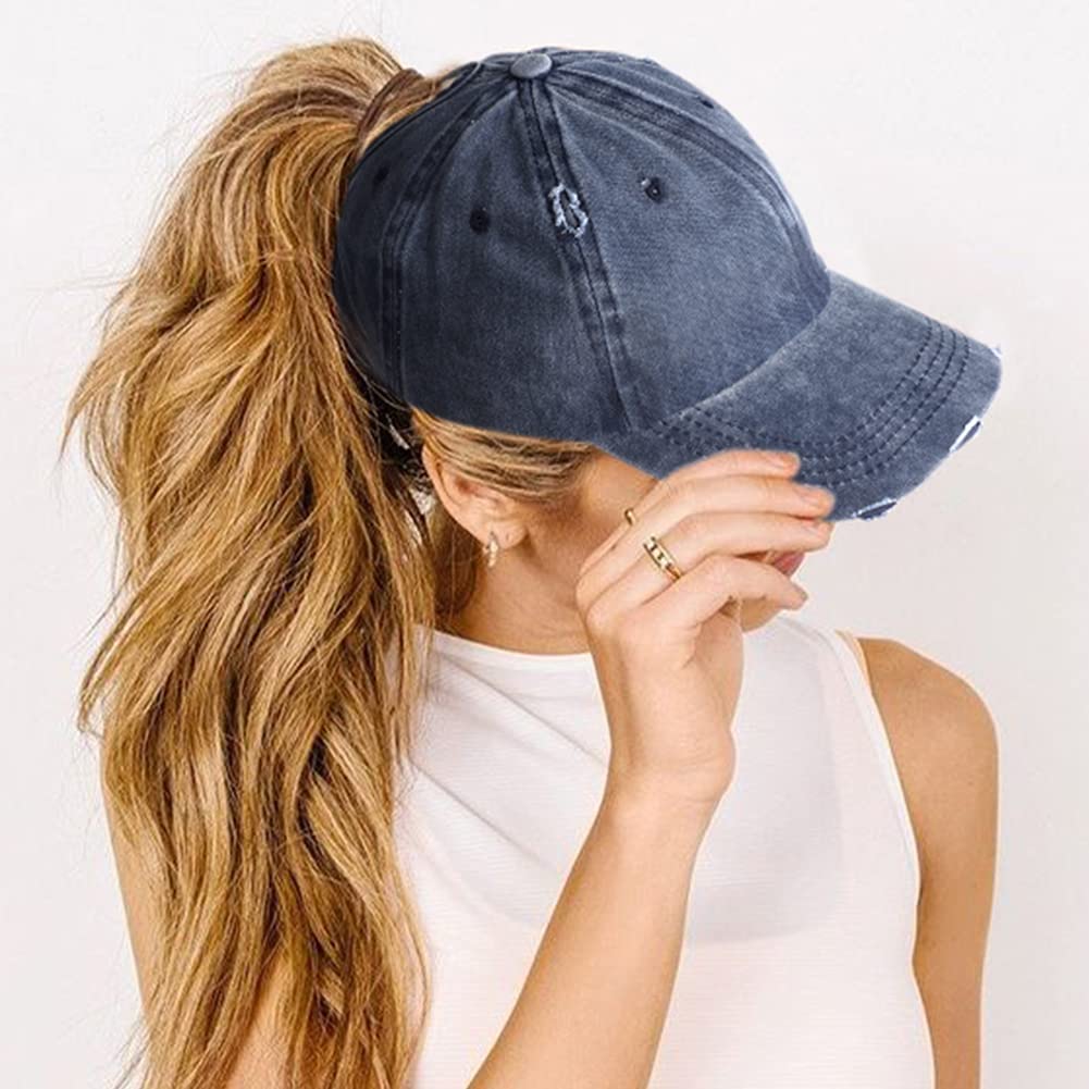 Lvaiz Womens Distressed Ponytail Baseball Cap Cotton Dad Hat with Ponytail Hole Versatile Washed Ponycaps Navy Blue