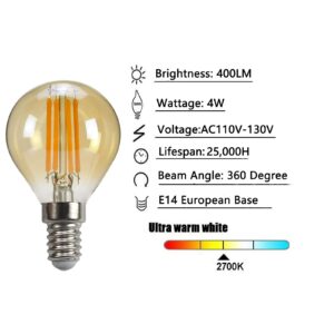 YDJoo E14 LED Bulb 4W G45 LED Globe Filament Bulb Dimmable Edison Filament Light Bulbs 40 Watt Equivalent Warm White 2700K E14 European Base Amber Glass Round Vintage Light Bulb, 6 Pack