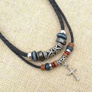 Braided Leather Necklace Vintage Style Double Layers Black Tribal Necklace with Charm Cross Pendant Black Cross