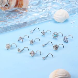 Ubjuliwa 12Pcs 20G Stainless Steel Nose Rings Stud for Women Screw L Shaped Nose Studs Cubic Zirconia Moon Star Snowflake Flower Butterfly Nose Piercing Stud