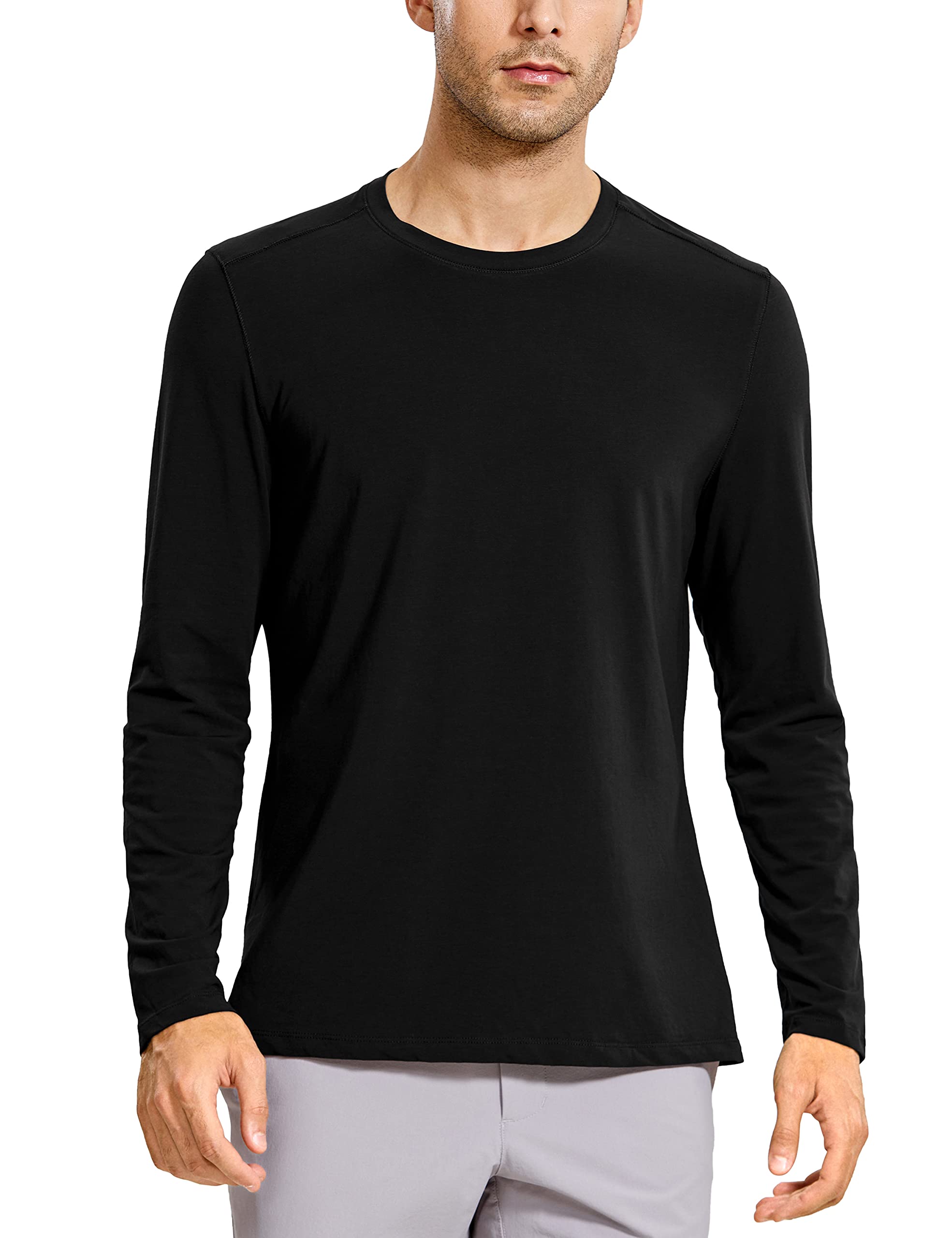 CRZ YOGA Men's Lightweight Pima Cotton Long Sleeve T-Shirts Loose Fit Fashion Casual Workout Tees Black Large