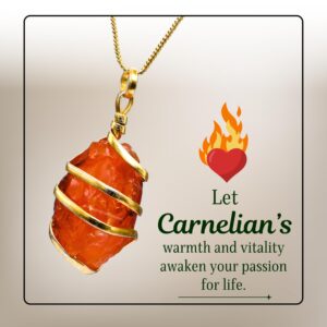 Carnelian Crystal Necklace with Gold Spiral Carnelian Raw Stone - Carnelian Pendant Women Wire Wrapped Pencil Jewelry with Adjustable Gold Chain and Premium Velvet Pouch (Extra Free Boho Necklace)