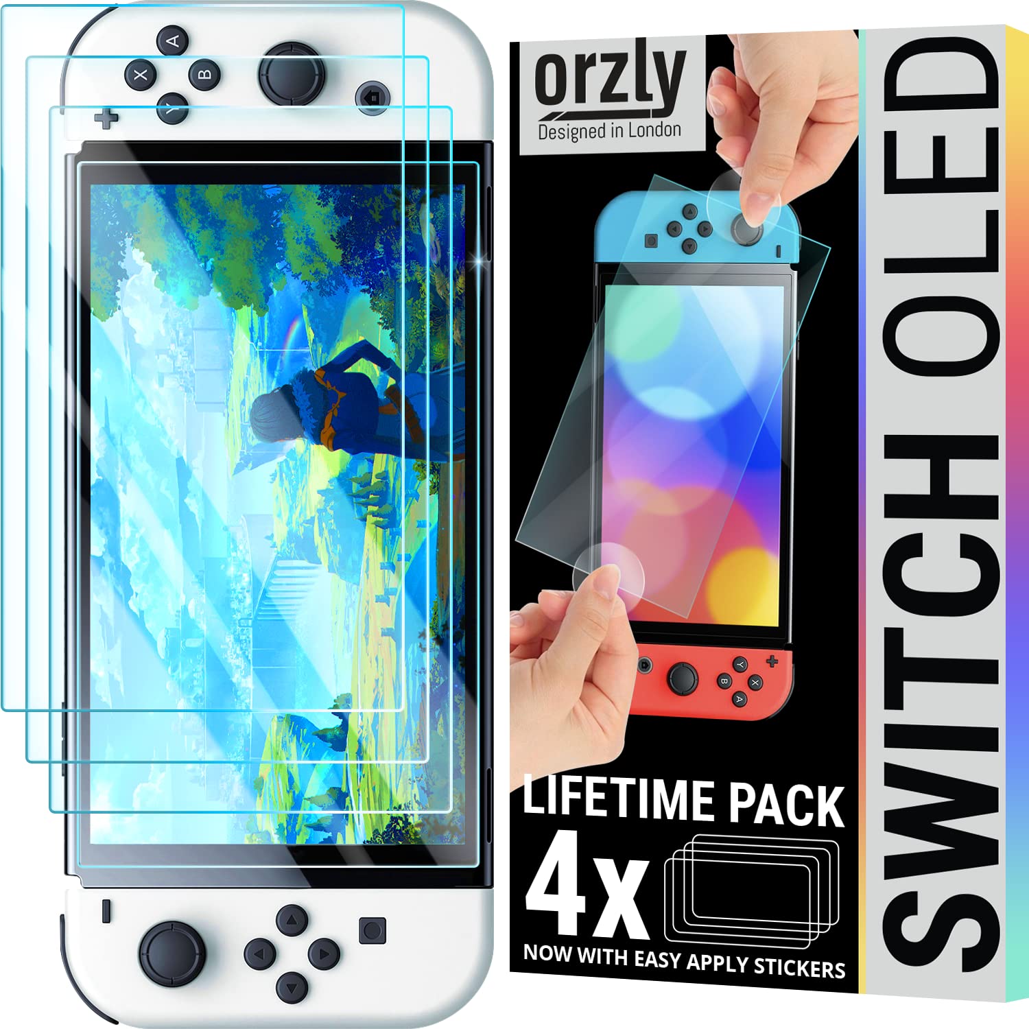 Orzly Glass Screen Protector for Nintendo Switch OLED 2024 Console Accessories (Pack of 4) - Tempered Glass Life time Edition