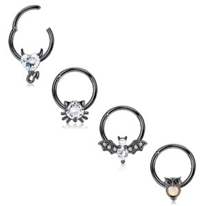 sanfenly 16g septum rings for women men 316l surgical stainless steel cute cat bat septum nose ring seamless hinged segment clicker cz daith earrings piercing jewelry