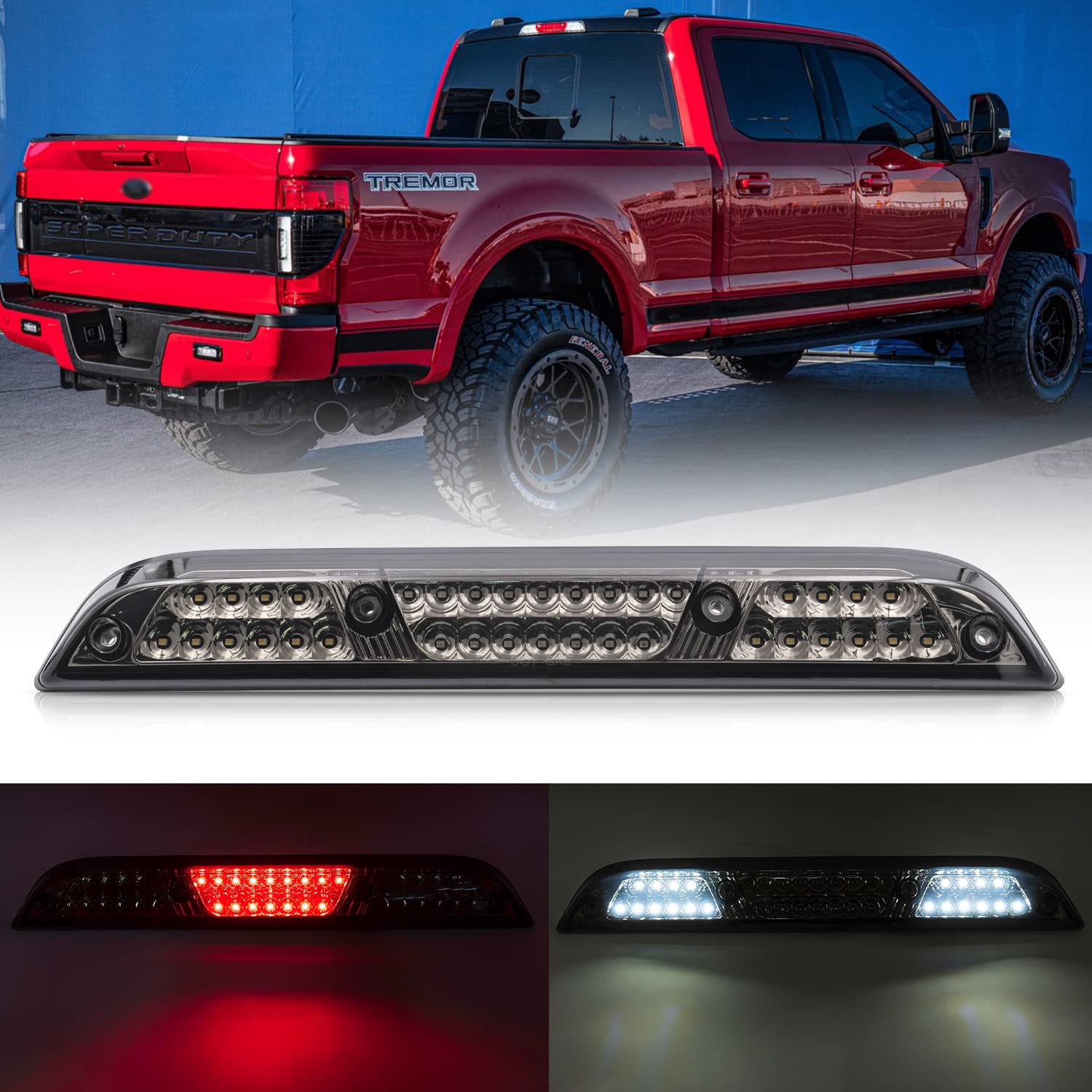 NSLUMO Led Third Brake Light Replacement for 2017-2021 F250 F350 Super Duty Red LED Strobe Rear 3rd Brake Center High Mount Stop Lamp + White Cargo Light Cab Brake Lamp Kit Euro Smoked Lens