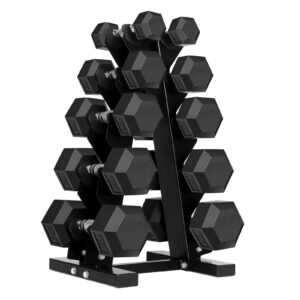 150 pound hex dumbbell set with rubber coated dumbbells and rack