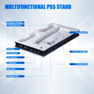 PS5 Cooling Stand with Fan, Dual PS5 Controller Charging Station for PS5 Console, Multifunctional PS5 Stand Cooling Station with Controller Charger and 3 USB Hub for PS5 Accessories