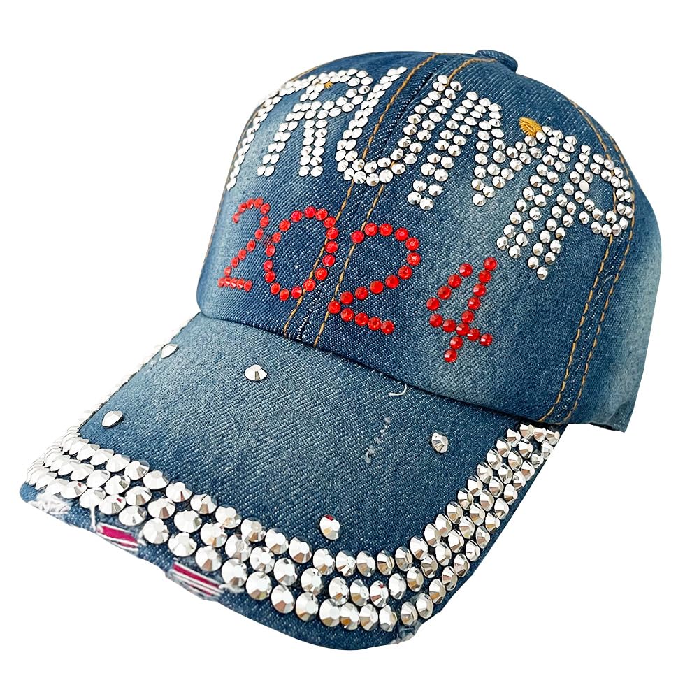 Gamusi Trump 2024 Baseball Cap Denim Distressed Bling Rhinestone Hat USA Flag Cap Adjustable Unisex (Trump 2024)