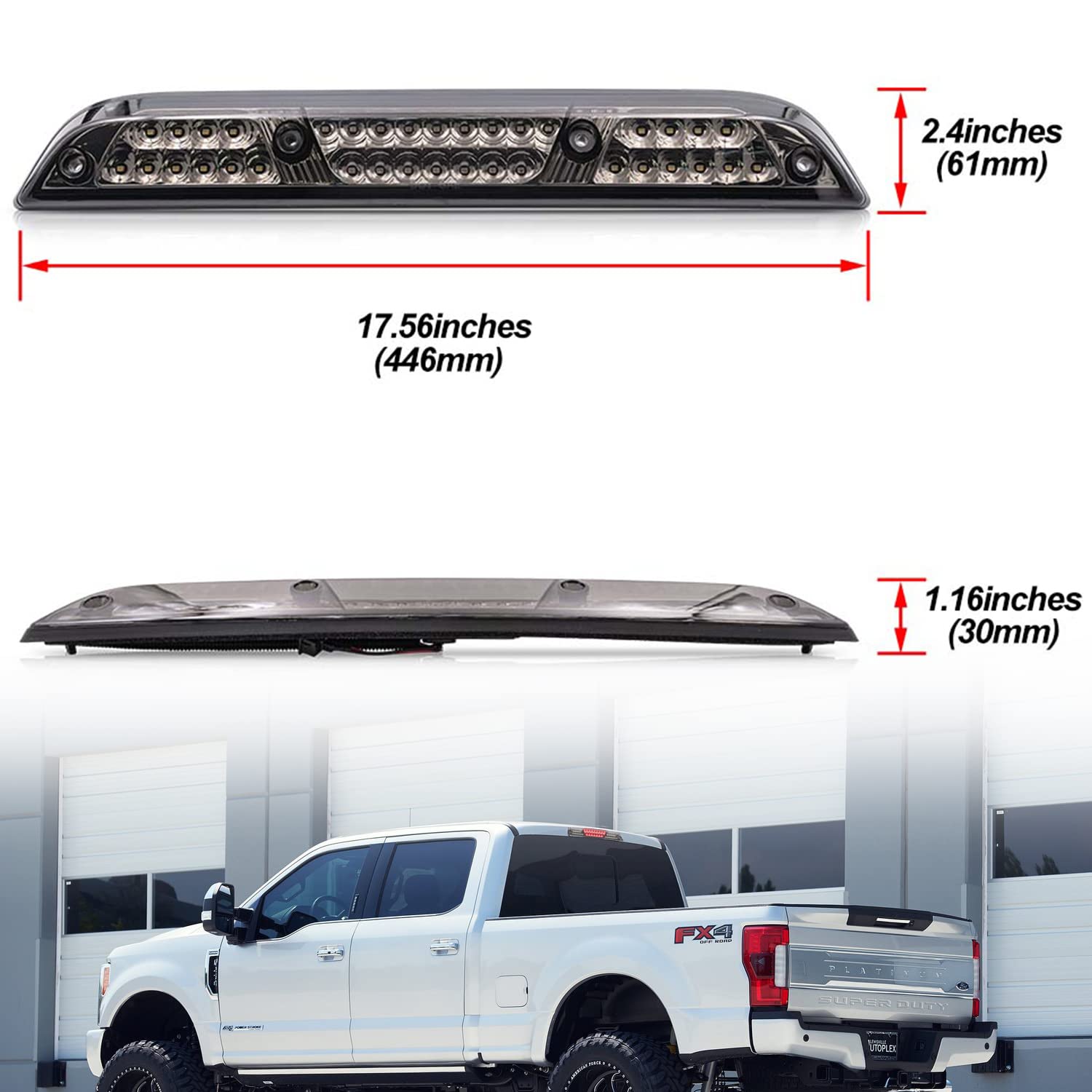 NSLUMO Led Third Brake Light Replacement for 2017-2021 F250 F350 Super Duty Red LED Strobe Rear 3rd Brake Center High Mount Stop Lamp + White Cargo Light Cab Brake Lamp Kit Euro Smoked Lens