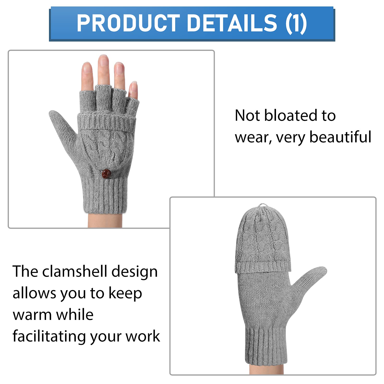 Tarpop 4 Pairs Winter Convertible Gloves Fingerless Mittens Knit Flip Wool Gloves Warm Half Finger Women Gloves with Cover (Black, Gray, Brown, Khaki)