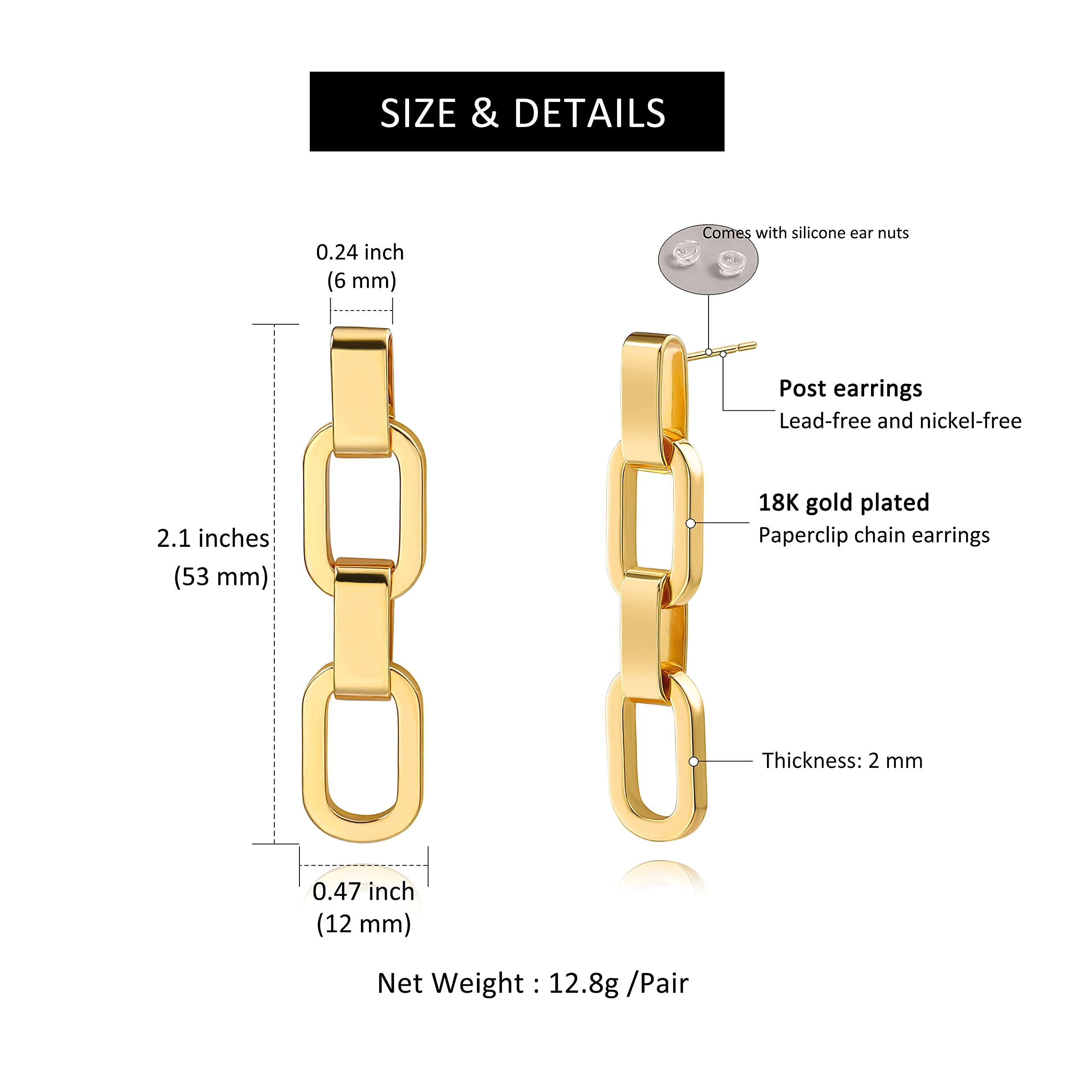 PERNNLA PEARL Paperclip Chain Link Drop Dangle Earrings for Women Dainty 18K Gold Geometric Long Earring Simple Trendy Statement Earrings Women Jewelry