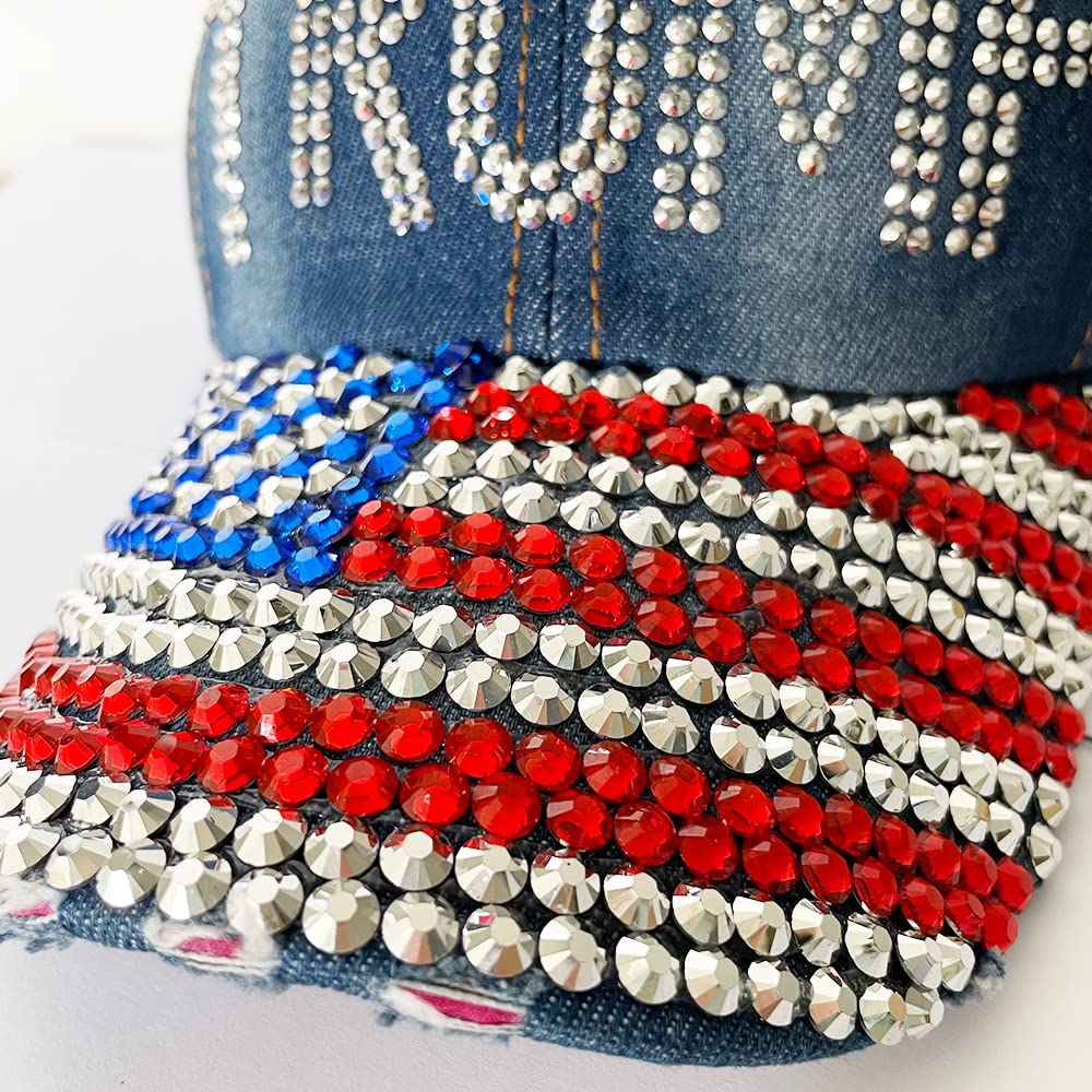 Gamusi Trump 2024 Baseball Cap Denim Distressed Bling Rhinestone Hat USA Flag Cap Adjustable Unisex (Trump Flag)