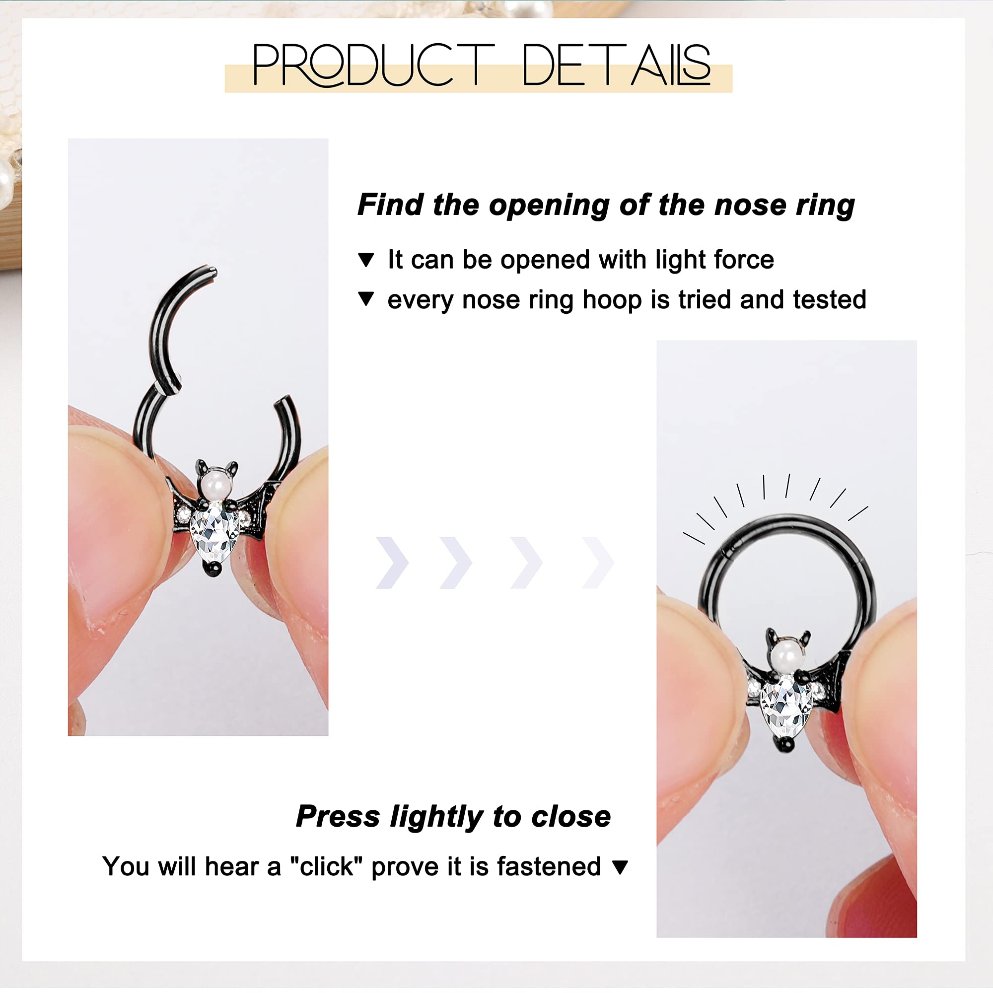 Sanfenly 16G Septum Rings for Women Men 316L Surgical Stainless Steel Cute Cat Bat Septum Nose Ring Seamless Hinged Segment Clicker CZ Daith Earrings Piercing Jewelry