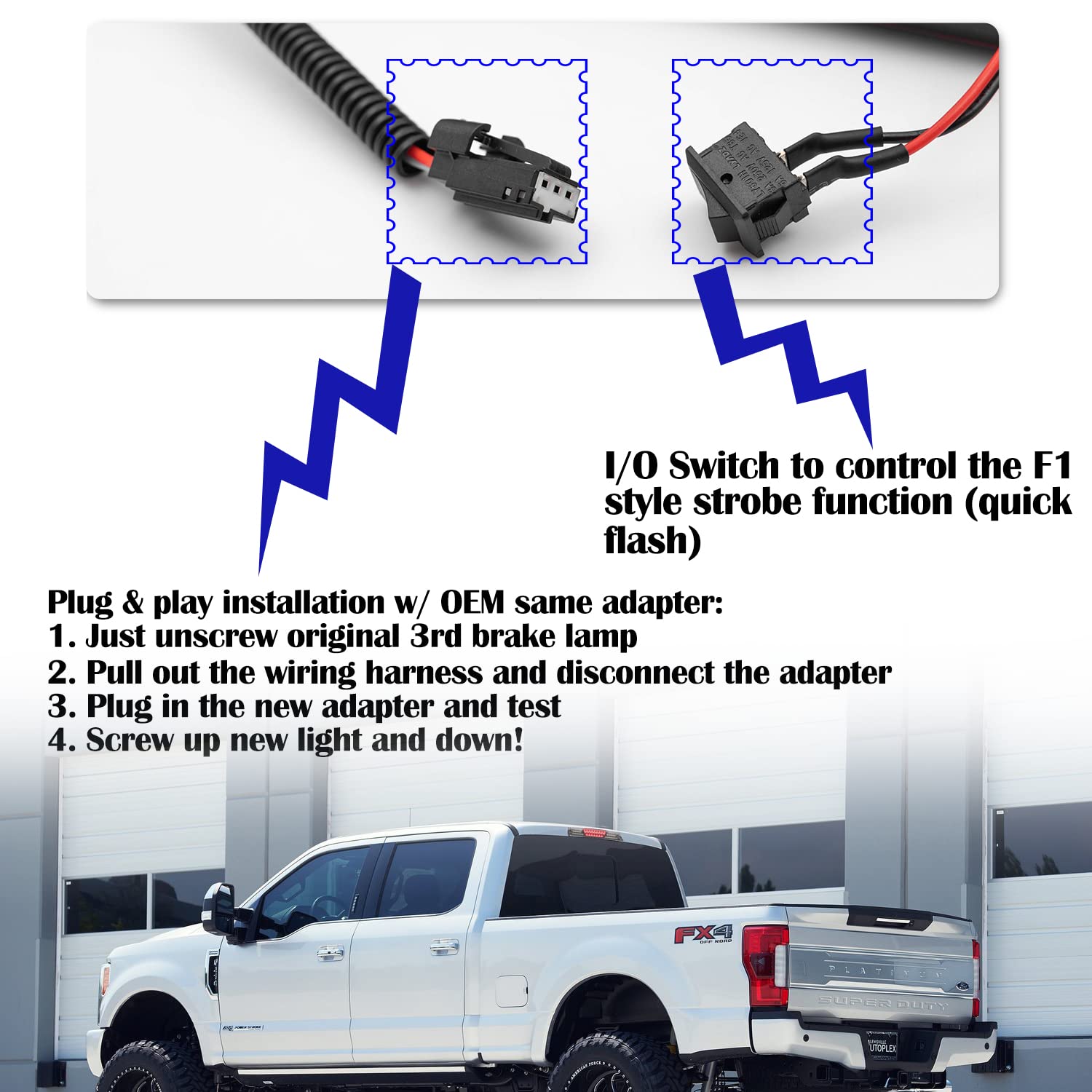 NSLUMO Led Third Brake Light Replacement for 2017-2021 F250 F350 Super Duty Red LED Strobe Rear 3rd Brake Center High Mount Stop Lamp + White Cargo Light Cab Brake Lamp Kit Euro Smoked Lens