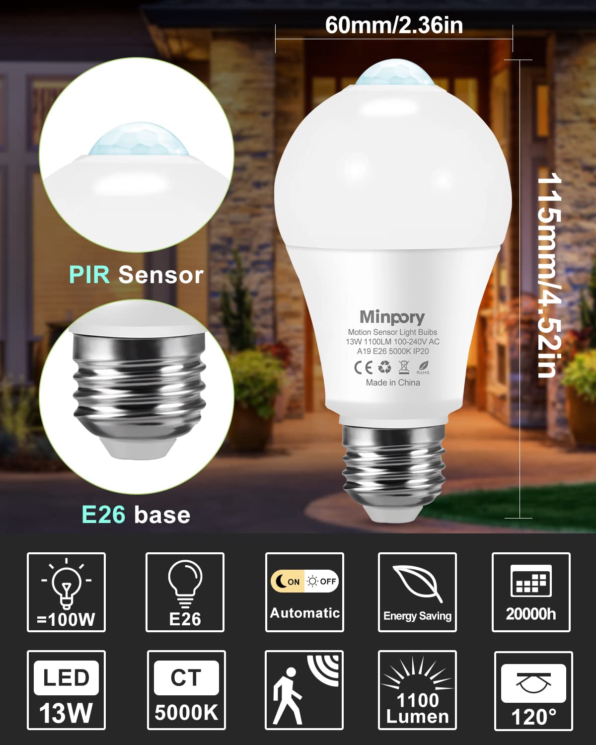 Motion Sensor Light Bulbs, 13W(100W Equivalent) Motion Detector Auto Activated Dusk to Dawn Security LED Bulb, A19 E26 5000K Daylight Outdoor/Indoor Lighting for Garage Porch Stairs Patio, 3 Pack