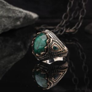 Emerald Stone Men Silver Ring, 925 Sterling Silver Emerald Gemstone Ring, Handmade Engraved Turkish Silver Ring with Natural Emerald Stone gifts for men handmade rings valentines day gifts for him