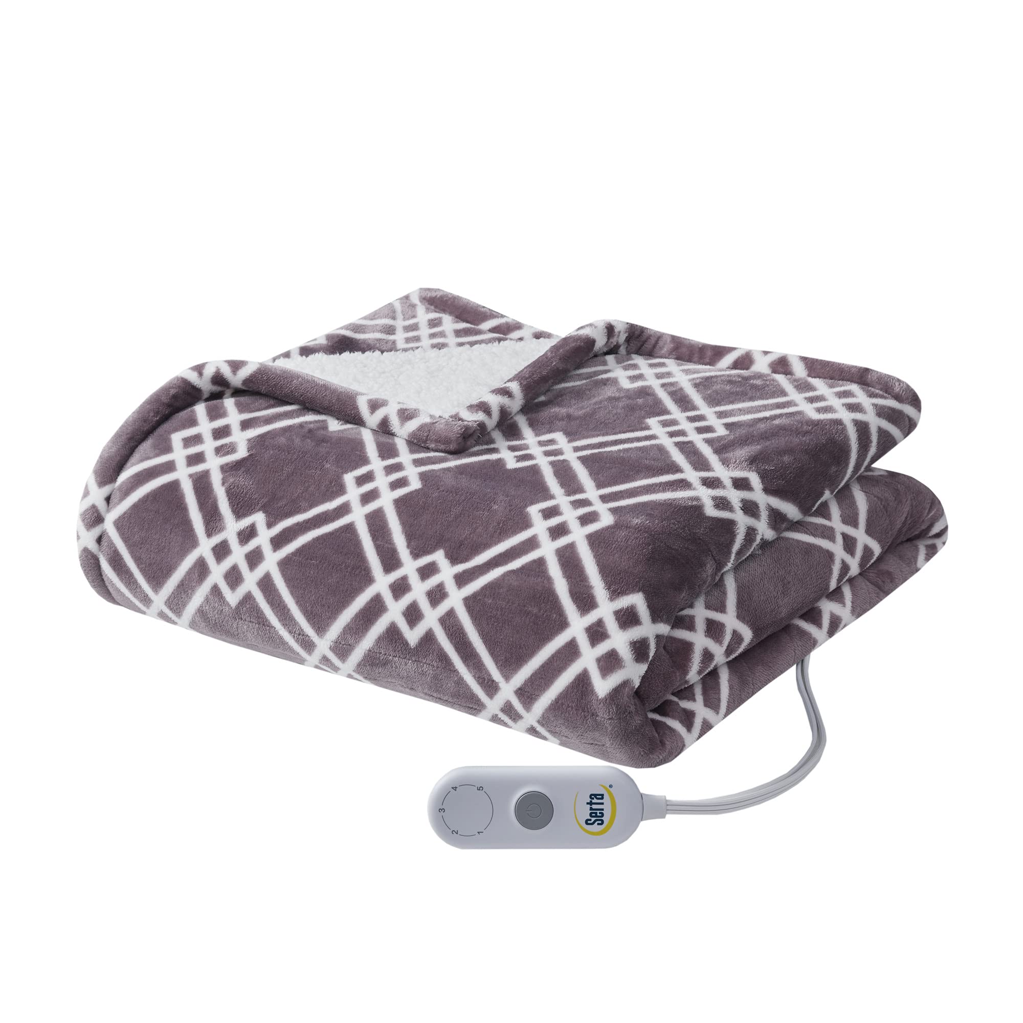 Serta Reversible Fleece to Sherpa Electric Blanket Fast Heating Soft Cover, Safety Auto Shut Off Timer, Low EMF, Multi Heat Setting, ETL Certified, Machine Washable, Purple Geo Throw (50"x 60")