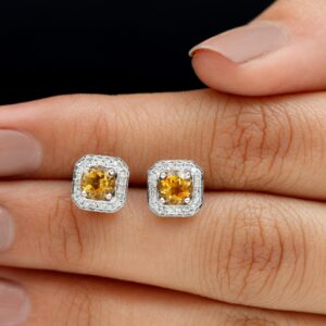 Certified Citrine and Diamond Halo Stud Earrings for Women, 1.25 cttw, Aaa Quality, 14K White Gold