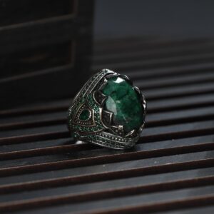 Emerald Stone Men Silver Ring, 925 Sterling Silver Emerald Gemstone Ring, Handmade Engraved Turkish Silver Ring with Natural Emerald Stone gifts for men handmade rings valentines day gifts for him