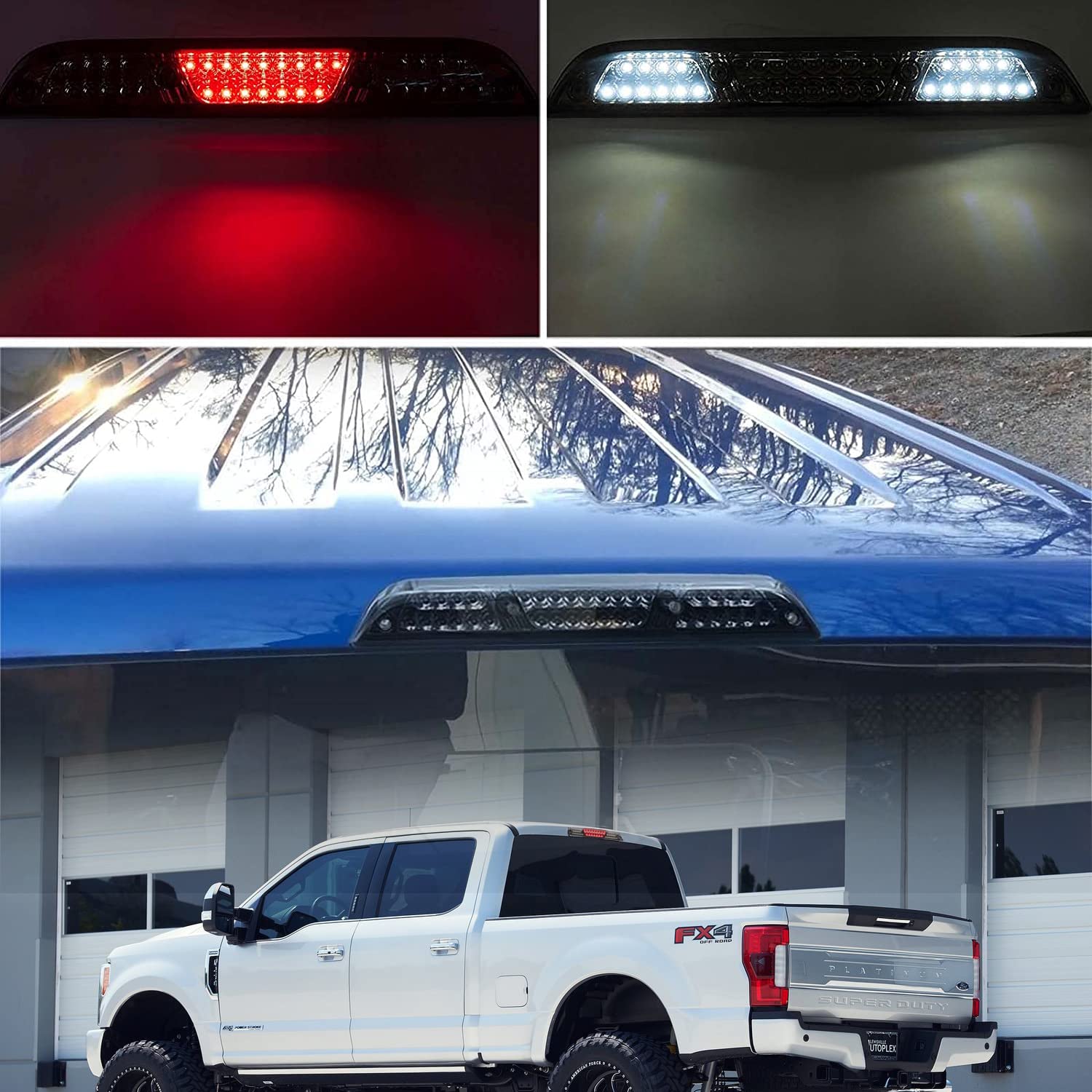 NSLUMO Led Third Brake Light Replacement for 2017-2021 F250 F350 Super Duty Red LED Strobe Rear 3rd Brake Center High Mount Stop Lamp + White Cargo Light Cab Brake Lamp Kit Euro Smoked Lens