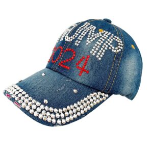 Gamusi Trump 2024 Baseball Cap Denim Distressed Bling Rhinestone Hat USA Flag Cap Adjustable Unisex (Trump 2024)