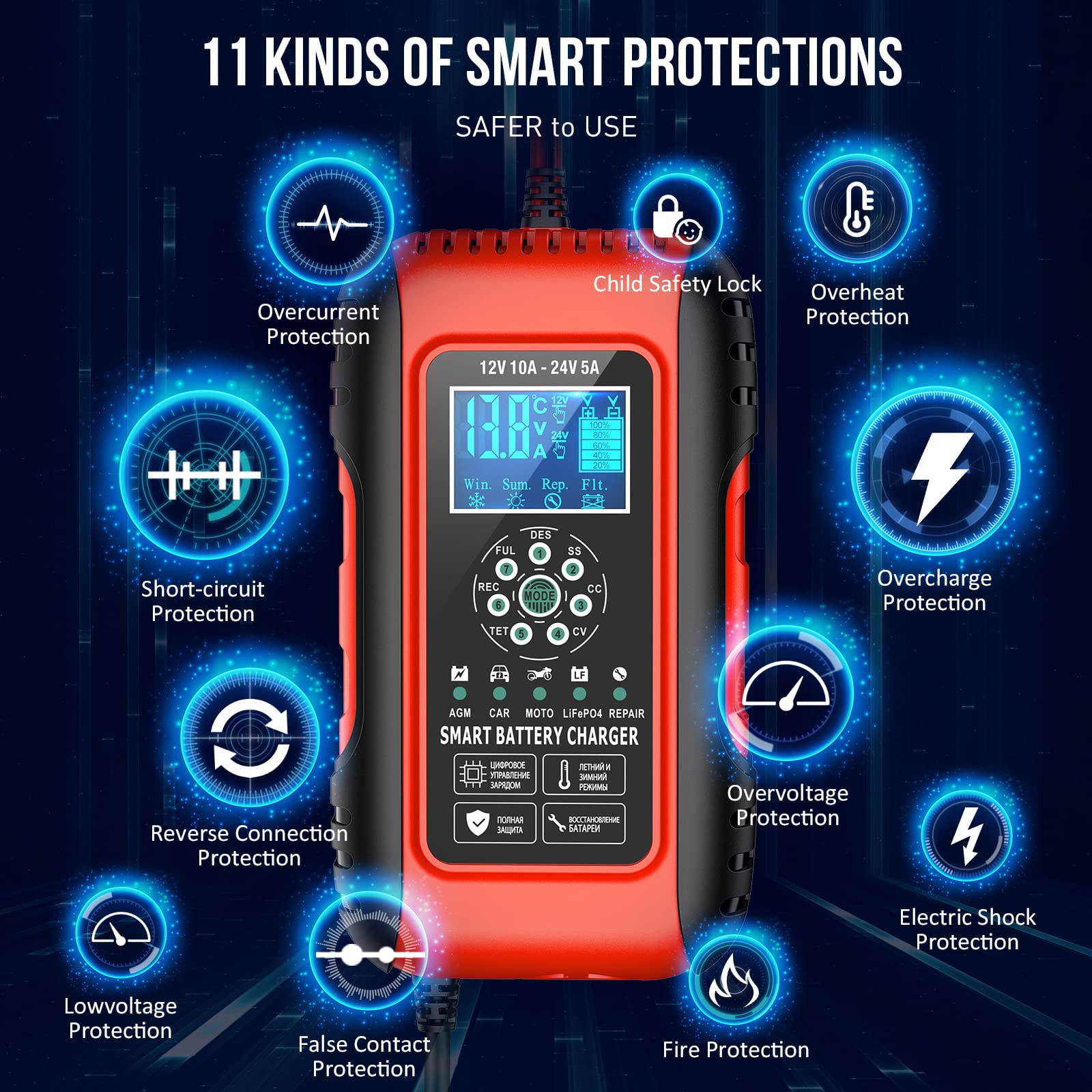 10A 12V/24V Trickle Charger, Smart Automatic Battery Automotive 7-Stage Charging Battery Maintainer with Pulse Repair Function, for Car Truck Motorcycle Lawn Mower Boat