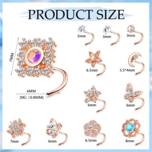 Ubjuliwa 12Pcs 20G Stainless Steel Nose Rings Stud for Women Screw L Shaped Nose Studs Cubic Zirconia Moon Star Snowflake Flower Butterfly Nose Piercing Stud