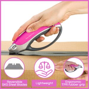 Pink Box Cutter Retractable Utility Knife - Heavy Duty Box Cutter Knife Cardboard Cutter - Box Opener Razor Blades Knife with 5 Sharp Utility Blades