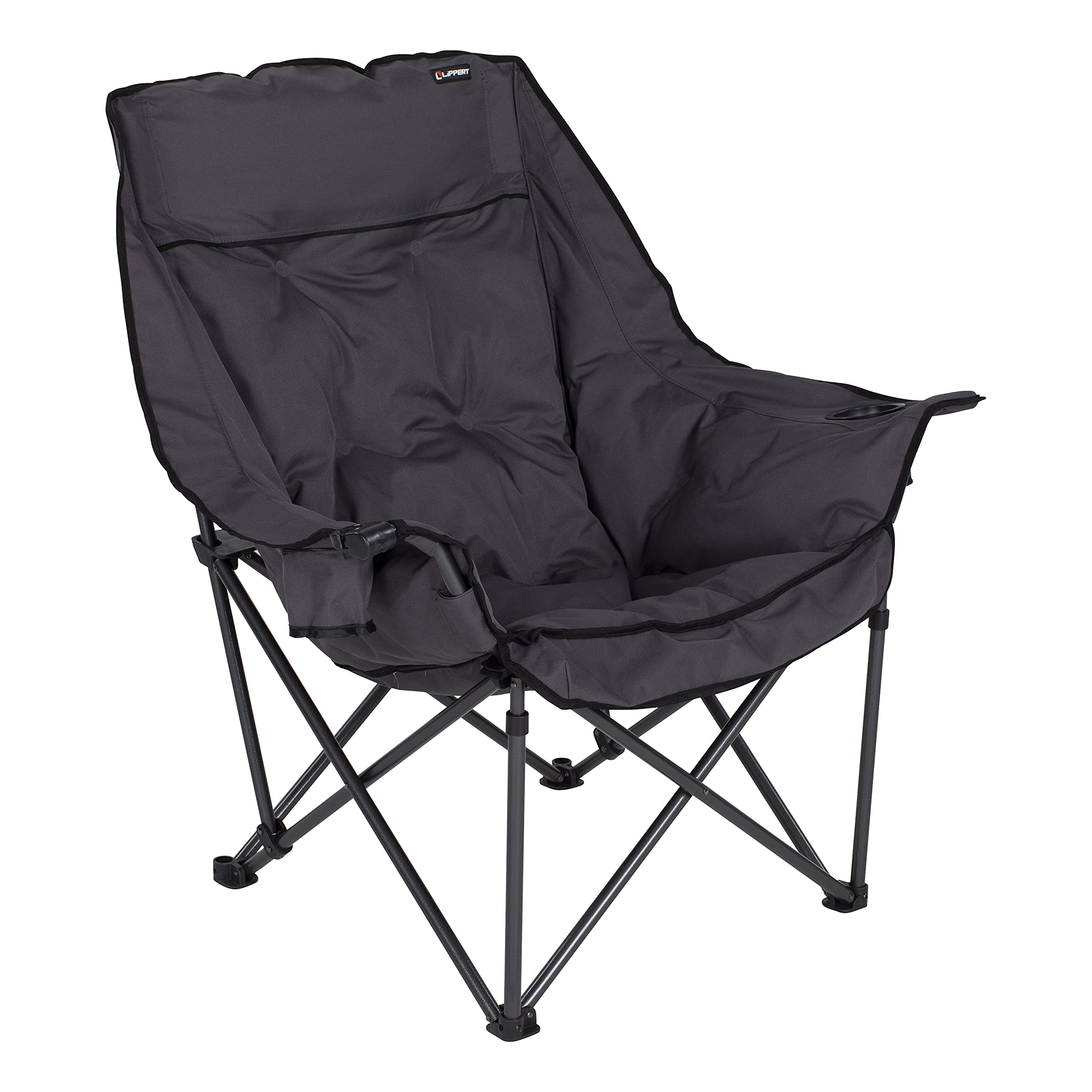 Lippert Big Bear Padded Camping Chair with 400-lb. Weight Capacity, Carry Bag, Durable Mesh Fabrics, High-Loft Cushioning, Dual Cupholders, Stemmed Wine Glass Holder (Dark Grey) - 2021010669