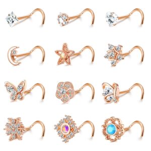 ubjuliwa 12pcs 20g stainless steel nose rings stud for women screw l shaped nose studs cubic zirconia moon star snowflake flower butterfly nose piercing stud