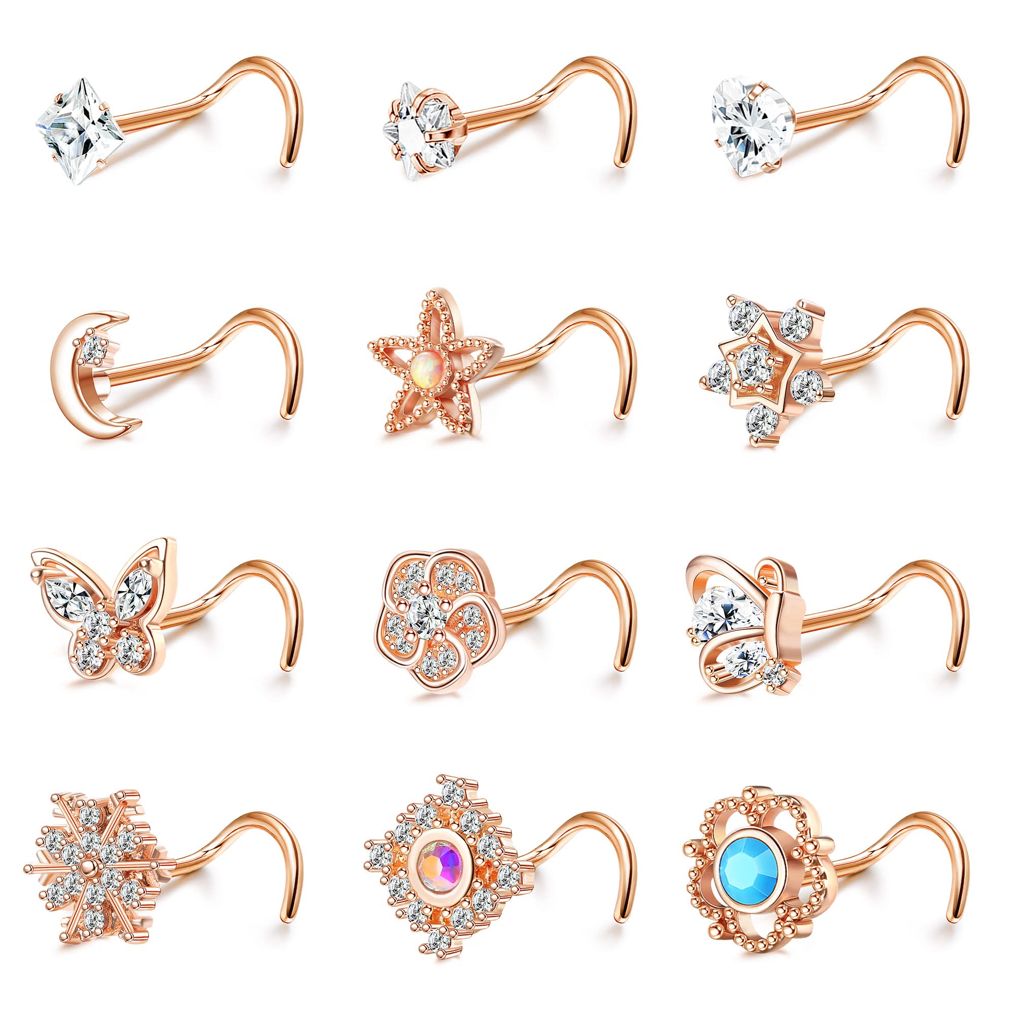 Ubjuliwa 12Pcs 20G Stainless Steel Nose Rings Stud for Women Screw L Shaped Nose Studs Cubic Zirconia Moon Star Snowflake Flower Butterfly Nose Piercing Stud