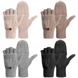 tarpop 4 pairs winter convertible gloves fingerless mittens knit flip wool gloves warm half finger women gloves with cover (black, gray, brown, khaki)