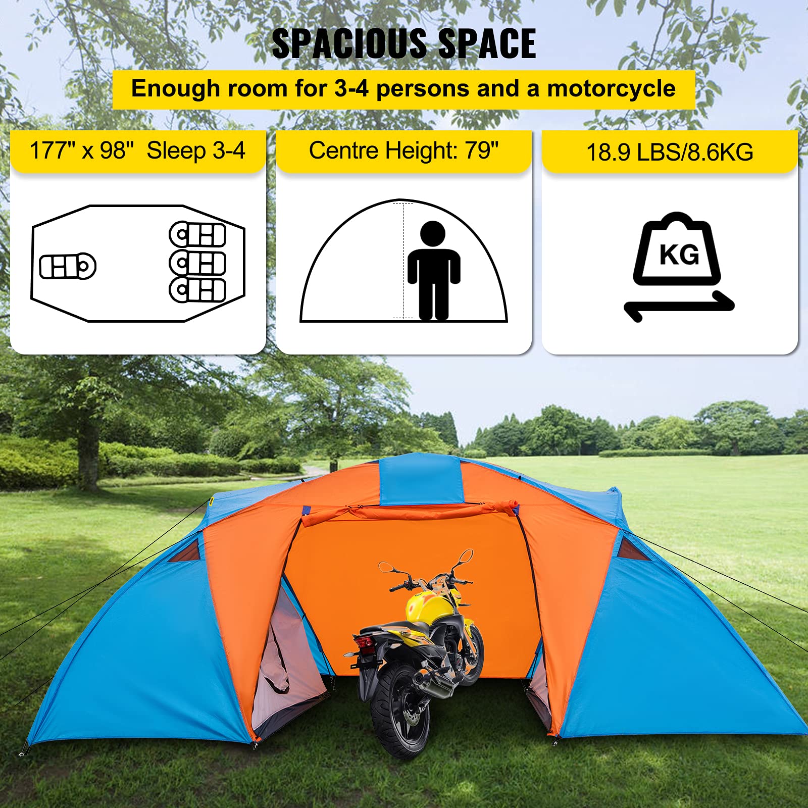 VEVOR Motorcycle Camping Tent, Spacious Design, Waterproof & Windproof, Breathable Mesh Roof, Easy Setup, 177.2" x 98.4" Floor, 78.7" Center Height