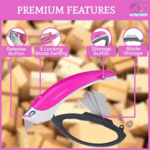 Pink Box Cutter Retractable Utility Knife - Heavy Duty Box Cutter Knife Cardboard Cutter - Box Opener Razor Blades Knife with 5 Sharp Utility Blades