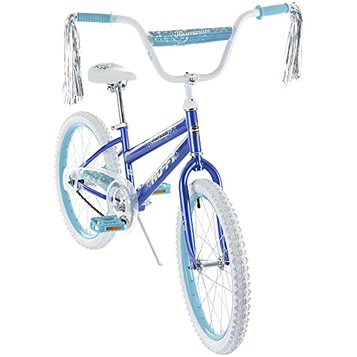 Huffy Illuminate 20” Girl’s Bike, Pearl Blue Frame with Butterfly Graphics, Kickstand Included, Streamers and Chain Guard, White Tires and Teal Rims