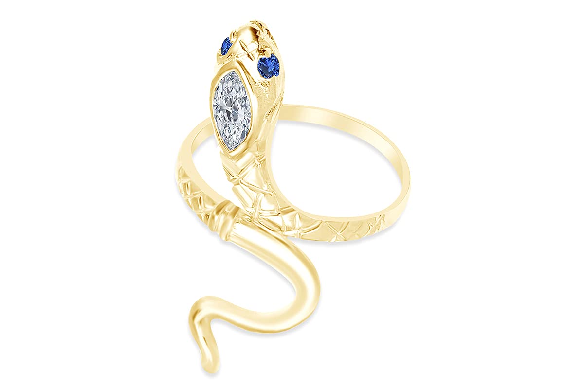 AFFY 14k Yellow Gold Over Sterling Silver Simulated Blue Sapphire With Cubic Zircinia Snake Band Ring Jewelry For Ladies, Ring Size 7.5