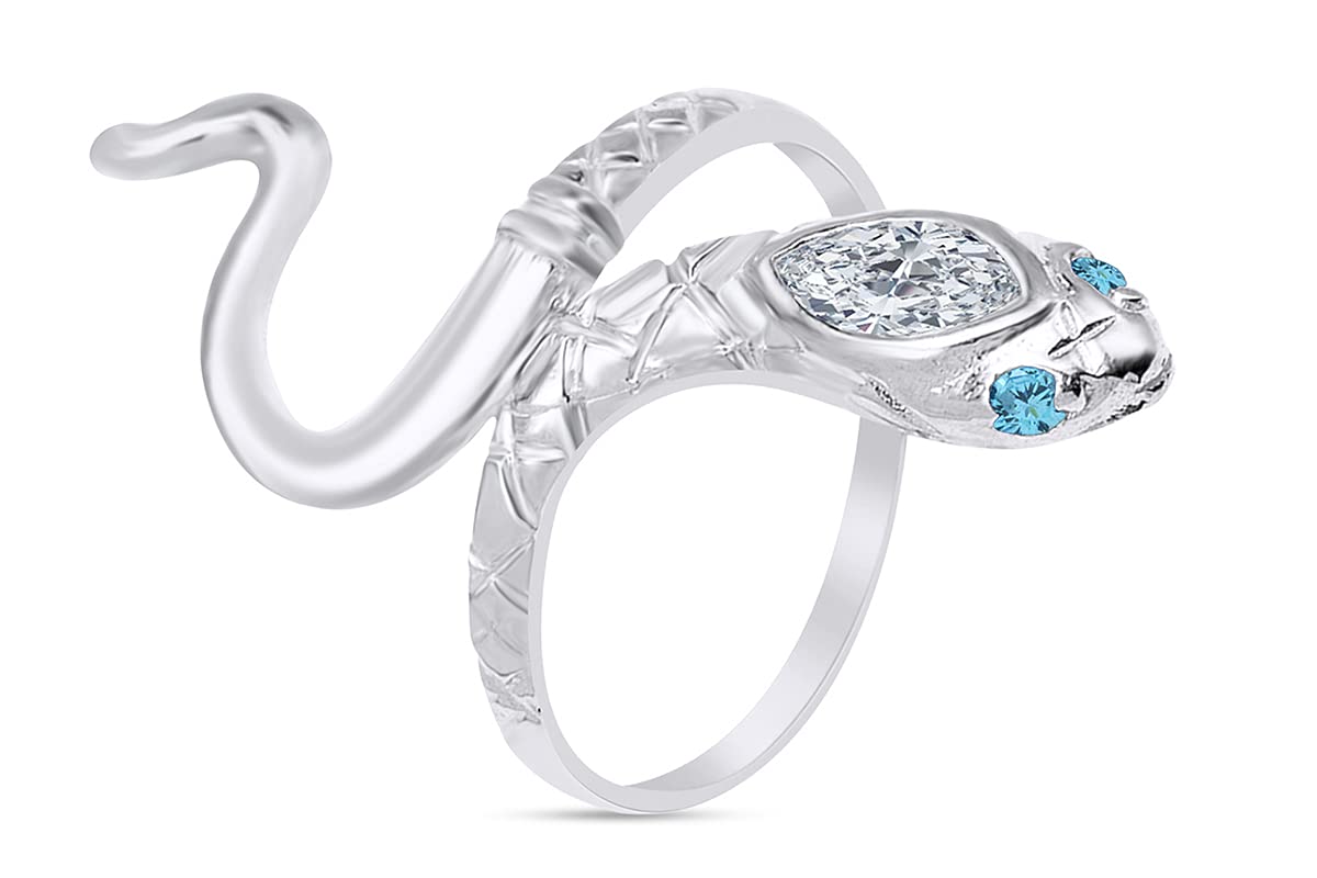 AFFY 14k White Gold Over Sterling Silver Simulated Aquamarine With Cubic Zircinia Snake Band Ring Jewelry For Ladies, Ring Size 6.5