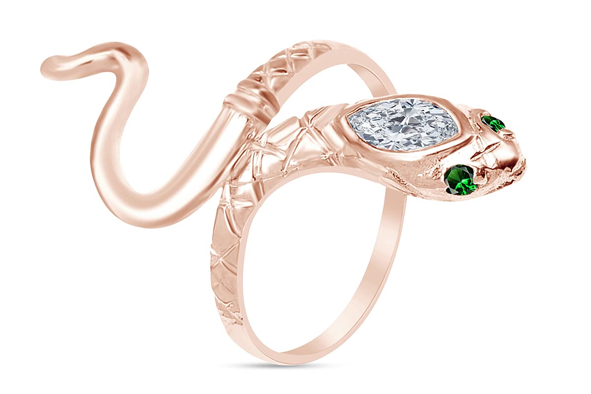 AFFY 14k Rose Gold Over Sterling Silver Simulated Emerald With Cubic Zircinia Snake Band Ring Jewelry For Ladies, Ring Size 4