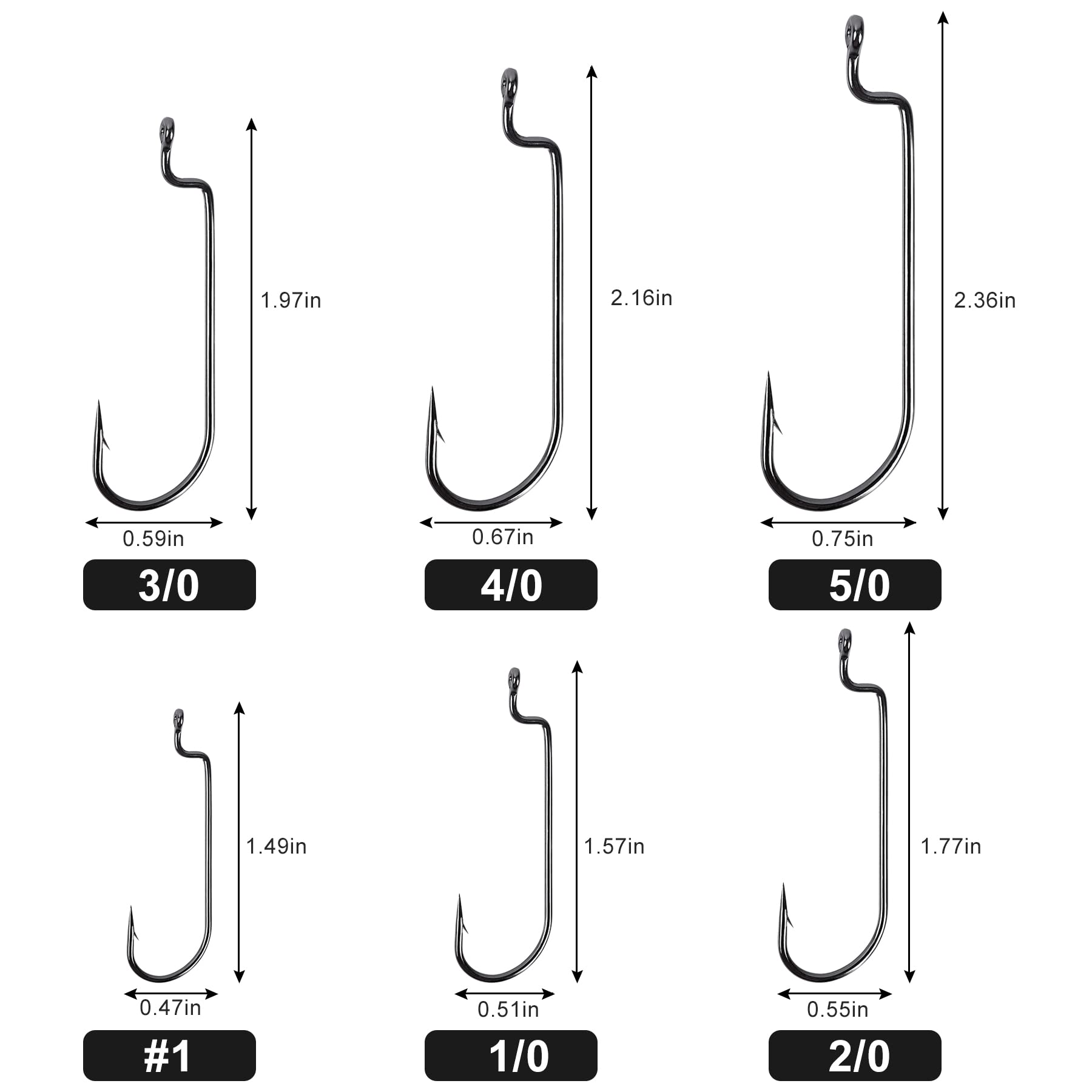 UCEC 100pcs/Box Fishing Hooks Worm Hooks Offset Shank Round Bend Worm Hooks Bass Hooks High Carbon Steel Saltwater Freshwater - 6 Sizes: #1 1/0 2/0 3/0 4/0 5/0